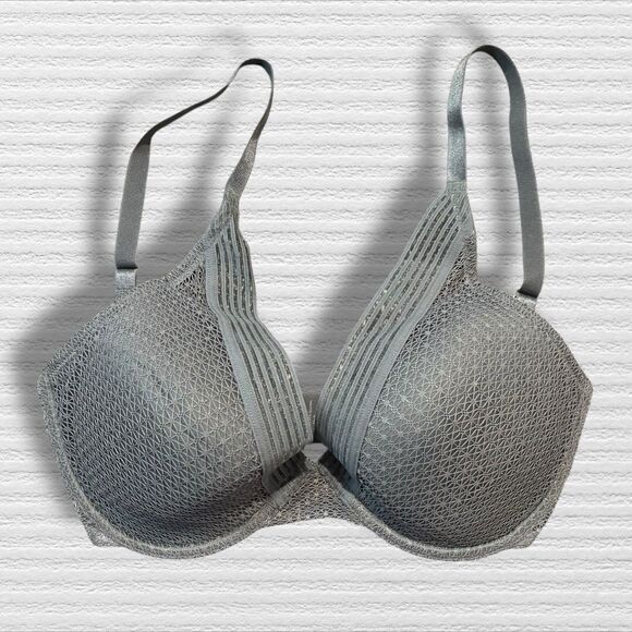 ThirdLove Womens Modern Mesh Plunge Bra 30F Blue Gray Dark Teal Lace - Picture 2 of 5